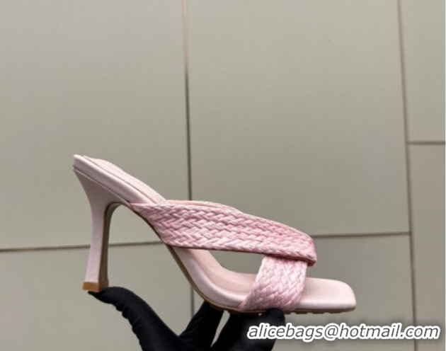Best Grade Bottega Veneta Riva Heel Slides Sandal 9.5cm in Braided Straw 861494 Pink 2026