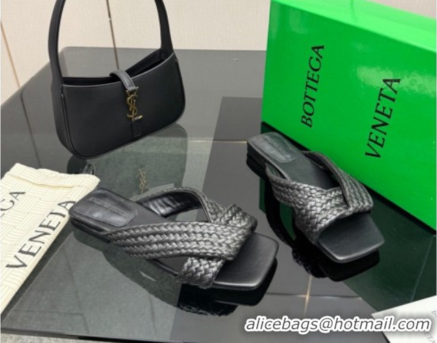 Buy Luxury Bottega Veneta Riva Flat Slides Sandal in Braided Straw 861494 Black 2026
