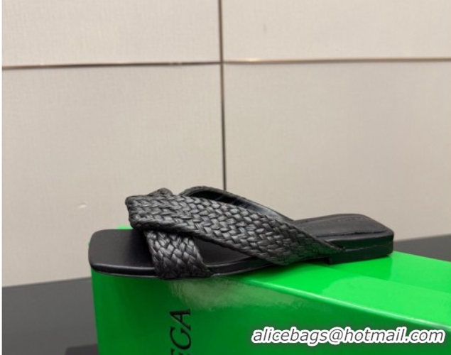 Buy Luxury Bottega Veneta Riva Flat Slides Sandal in Braided Straw 861494 Black 2026
