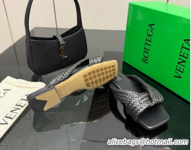 Buy Luxury Bottega Veneta Riva Flat Slides Sandal in Braided Straw 861494 Black 2026