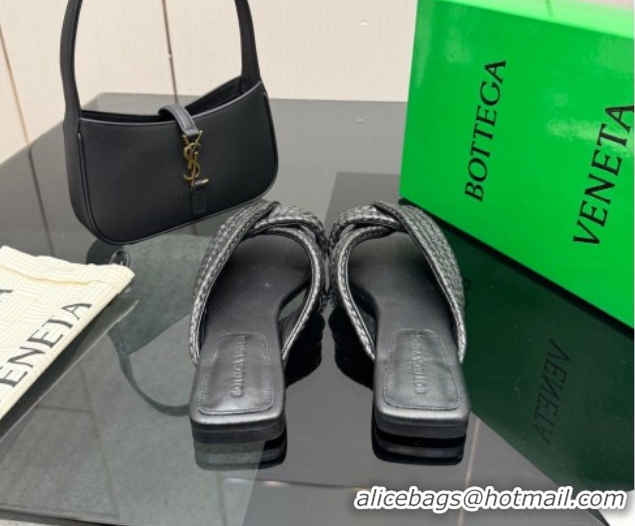 Buy Luxury Bottega Veneta Riva Flat Slides Sandal in Braided Straw 861494 Black 2026