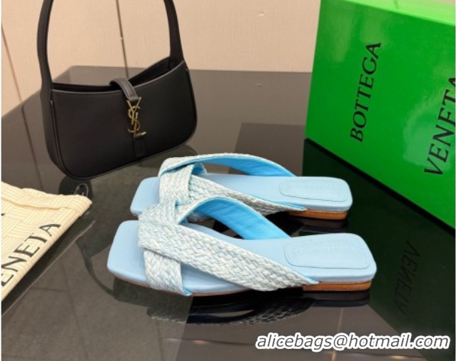 Best Price Bottega Veneta Riva Flat Slides Sandal in Braided Straw 861494 Light Blue 2026