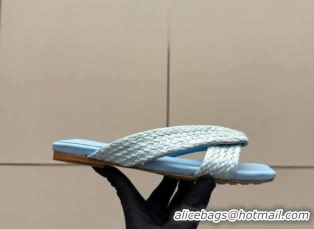 Best Price Bottega Veneta Riva Flat Slides Sandal in Braided Straw 861494 Light Blue 2026