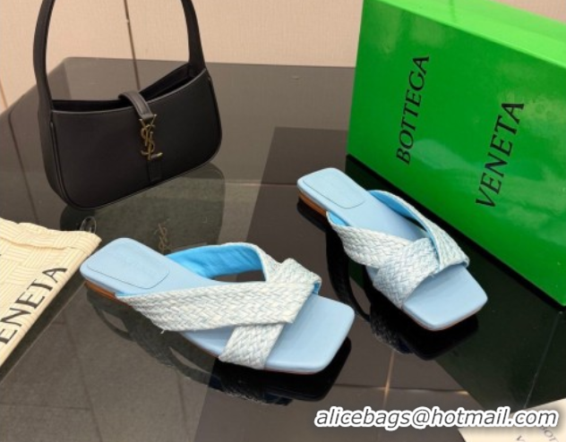 Best Price Bottega Veneta Riva Flat Slides Sandal in Braided Straw 861494 Light Blue 2026