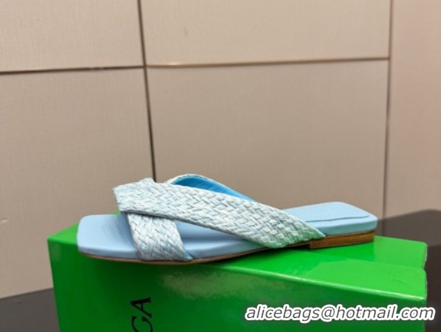Best Price Bottega Veneta Riva Flat Slides Sandal in Braided Straw 861494 Light Blue 2026