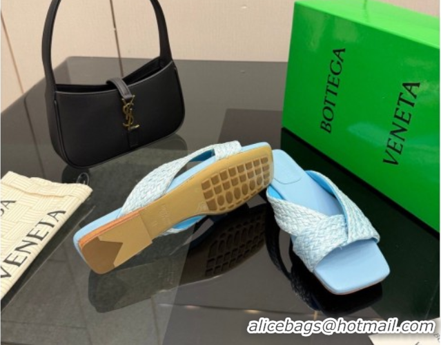 Best Price Bottega Veneta Riva Flat Slides Sandal in Braided Straw 861494 Light Blue 2026