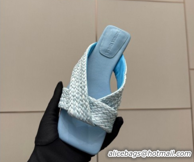Best Price Bottega Veneta Riva Flat Slides Sandal in Braided Straw 861494 Light Blue 2026