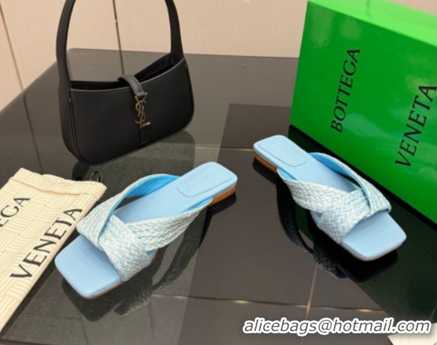 Best Price Bottega Veneta Riva Flat Slides Sandal in Braided Straw 861494 Light Blue 2026