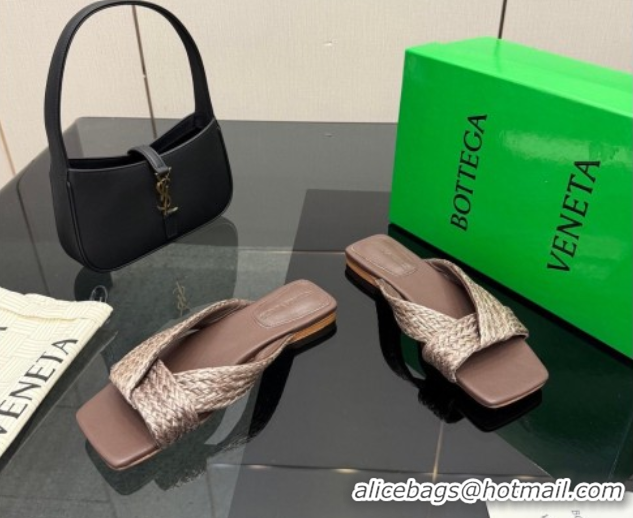 Low Cost Bottega Veneta Riva Flat Slides Sandal in Braided Straw 861494 Brown 2026