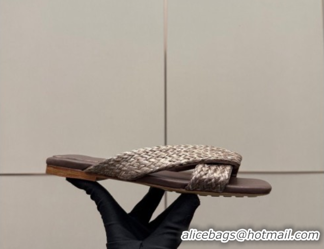Low Cost Bottega Veneta Riva Flat Slides Sandal in Braided Straw 861494 Brown 2026