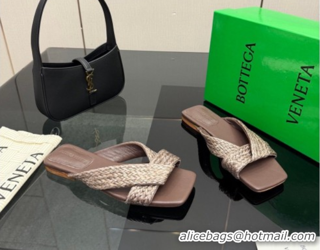 Low Cost Bottega Veneta Riva Flat Slides Sandal in Braided Straw 861494 Brown 2026
