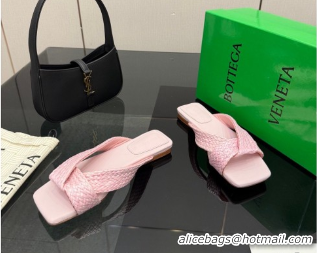 Luxurious Bottega Veneta Riva Flat Slides Sandal in Braided Straw 861494 Light Pink 2026