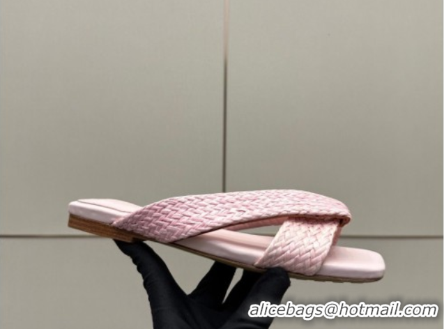 Luxurious Bottega Veneta Riva Flat Slides Sandal in Braided Straw 861494 Light Pink 2026