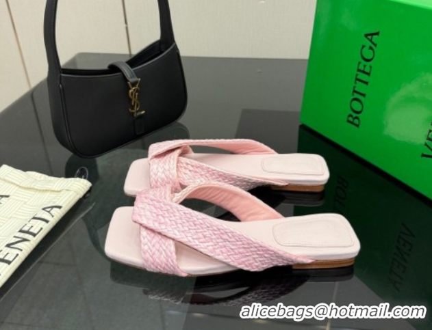 Luxurious Bottega Veneta Riva Flat Slides Sandal in Braided Straw 861494 Light Pink 2026