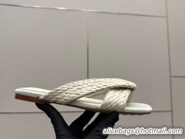 Popular Style Bottega Veneta Riva Flat Slides Sandal in Braided Straw 861494 White 2026