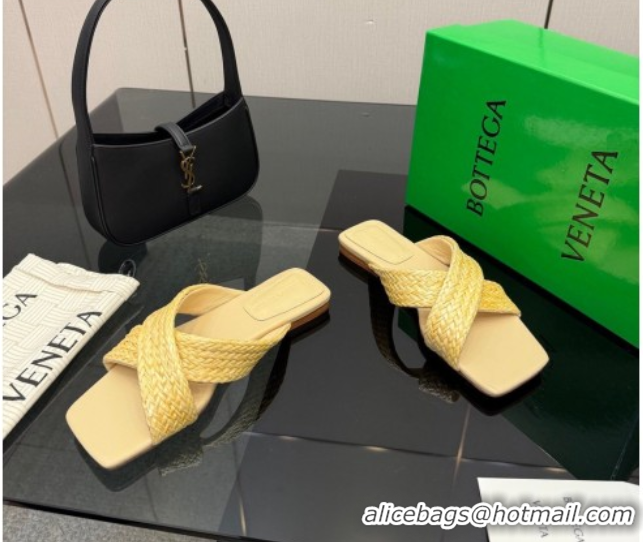 Stylish Bottega Veneta Riva Flat Slides Sandal in Braided Straw 861494 Yellow 2026
