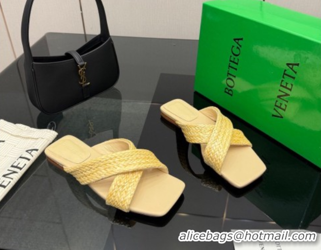 Stylish Bottega Veneta Riva Flat Slides Sandal in Braided Straw 861494 Yellow 2026