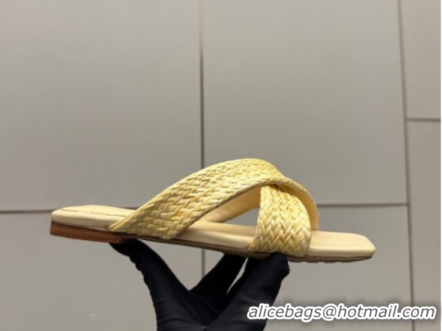 Stylish Bottega Veneta Riva Flat Slides Sandal in Braided Straw 861494 Yellow 2026