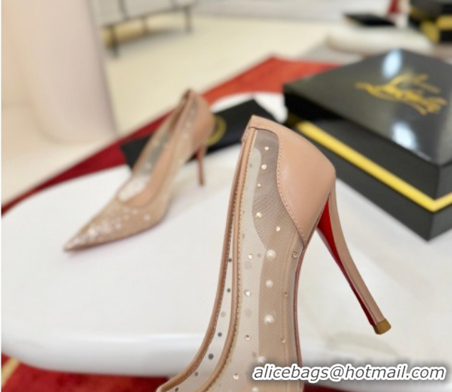 Good Quality Christian Miss Z Degrastrass Perla Pumps 10cm in Mesh with Strass and Pearls Blush 0225086 2026