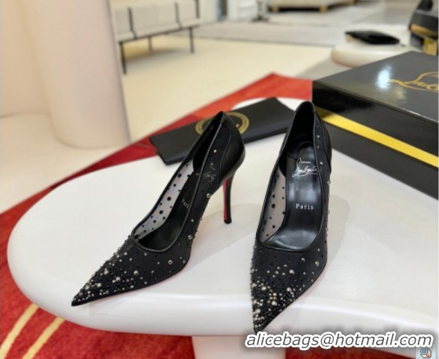 Unique Style Christian Miss Z Degrastrass Perla Pumps 10cm in Mesh with Strass and Pearls 0225086 Black 2026