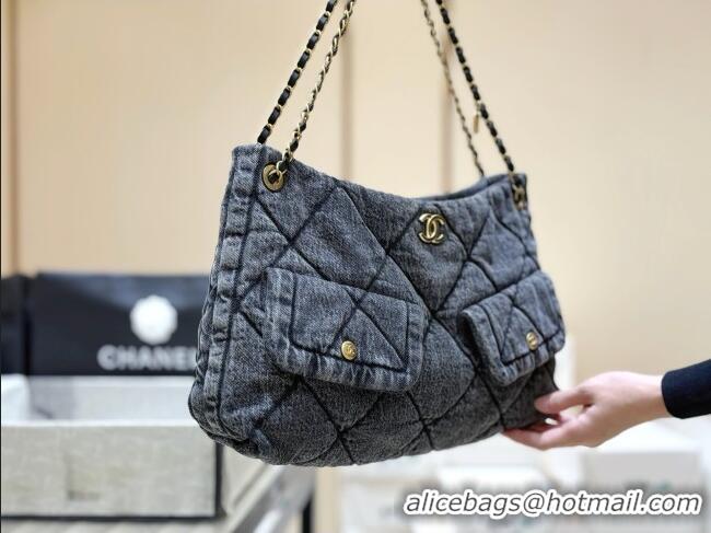 Buy Inexpensive Chanel Washed Denim Shopping Bag with Pockets Black AS5740 2025 Top Quality