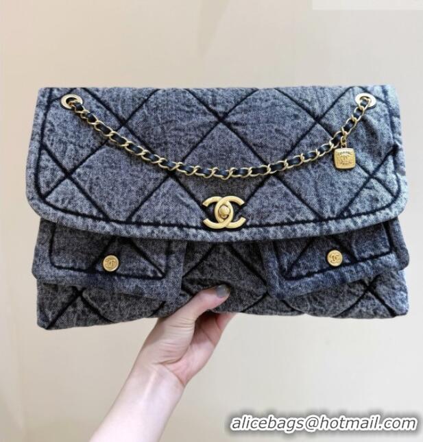 Buy Discount Chanel Washed Denim Maxi Flap bag with Pockets Black 2025 AS5727 Top Quality