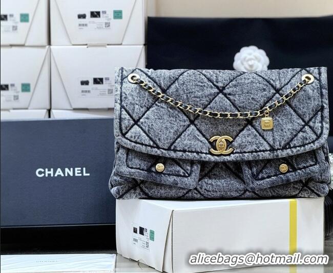 Buy Discount Chanel Washed Denim Maxi Flap bag with Pockets Black 2025 AS5727 Top Quality