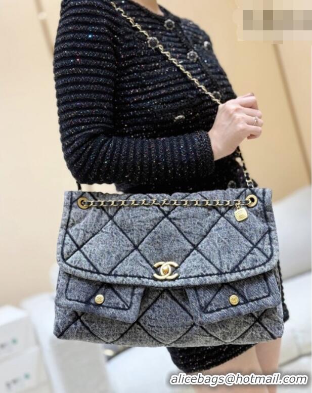 Buy Discount Chanel Washed Denim Maxi Flap bag with Pockets Black 2025 AS5727 Top Quality
