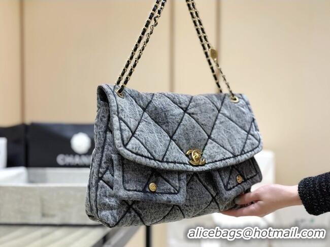 Buy Discount Chanel Washed Denim Maxi Flap bag with Pockets Black 2025 AS5727 Top Quality
