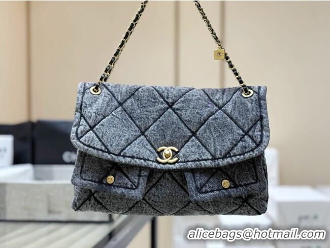 Buy Discount Chanel Washed Denim Maxi Flap bag with Pockets Black 2025 AS5727 Top Quality