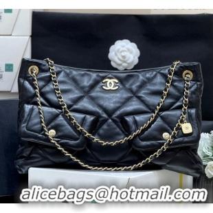 Famous Brand Chanel Shiny Lambskin Shopping Bag with Pockets Black 2025 AS5740 Top Quality