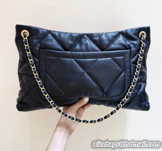 Famous Brand Chanel Shiny Lambskin Shopping Bag with Pockets Black 2025 AS5740 Top Quality