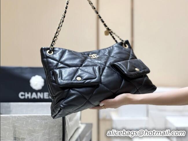 Famous Brand Chanel Shiny Lambskin Shopping Bag with Pockets Black 2025 AS5740 Top Quality