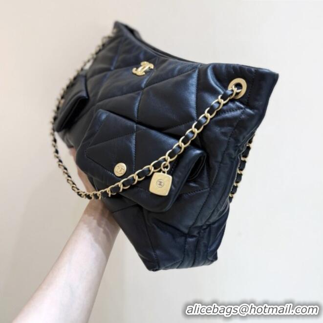 Famous Brand Chanel Shiny Lambskin Shopping Bag with Pockets Black 2025 AS5740 Top Quality