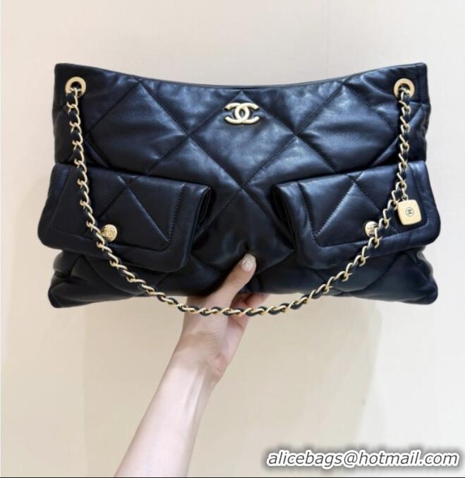 Famous Brand Chanel Shiny Lambskin Shopping Bag with Pockets Black 2025 AS5740 Top Quality