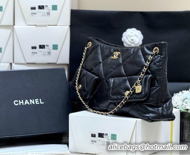 Famous Brand Chanel Shiny Lambskin Shopping Bag with Pockets Black 2025 AS5740 Top Quality