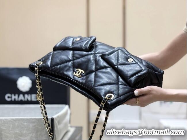 Famous Brand Chanel Shiny Lambskin Shopping Bag with Pockets Black 2025 AS5740 Top Quality