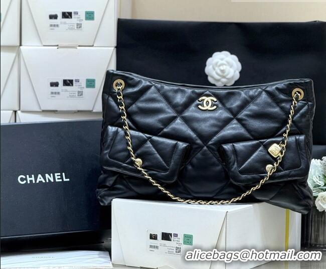 Famous Brand Chanel Shiny Lambskin Shopping Bag with Pockets Black 2025 AS5740 Top Quality