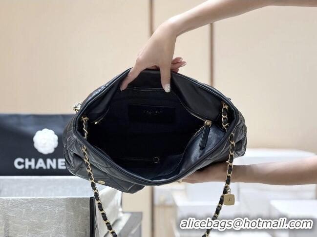 Famous Brand Chanel Shiny Lambskin Shopping Bag with Pockets Black 2025 AS5740 Top Quality