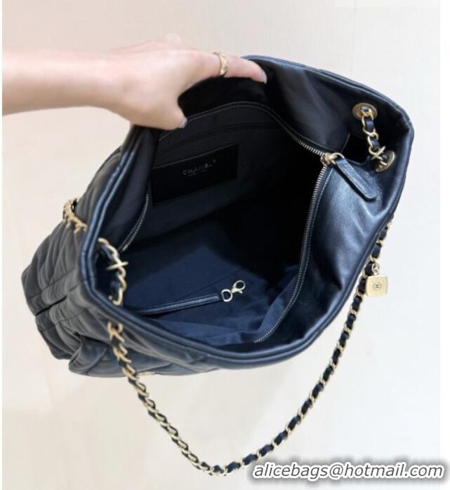 Famous Brand Chanel Shiny Lambskin Shopping Bag with Pockets Black 2025 AS5740 Top Quality