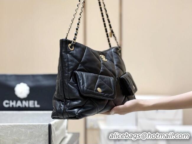 Famous Brand Chanel Shiny Lambskin Shopping Bag with Pockets Black 2025 AS5740 Top Quality