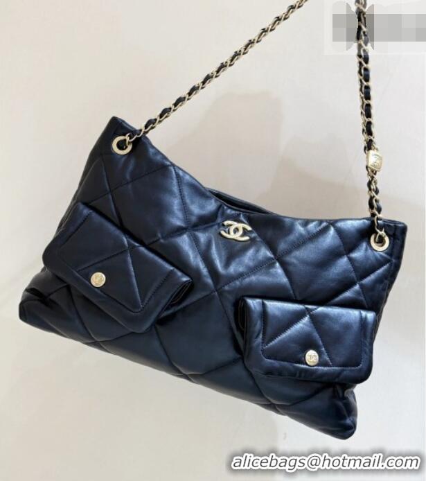 Famous Brand Chanel Shiny Lambskin Shopping Bag with Pockets Black 2025 AS5740 Top Quality