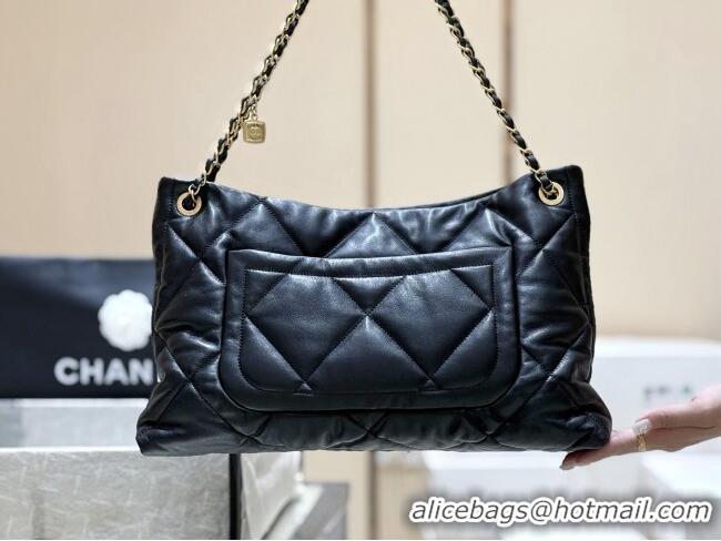 Famous Brand Chanel Shiny Lambskin Shopping Bag with Pockets Black 2025 AS5740 Top Quality