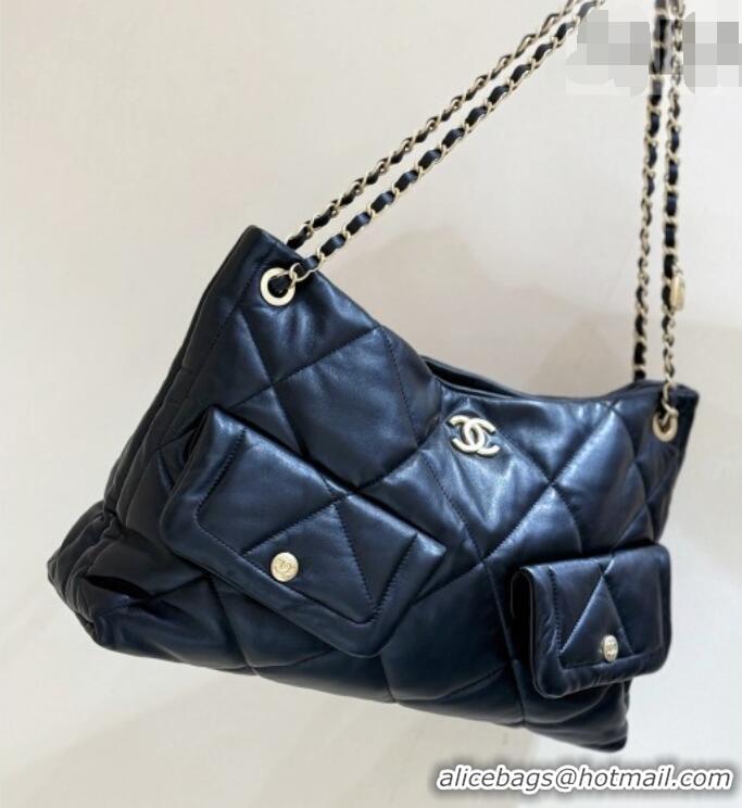 Famous Brand Chanel Shiny Lambskin Shopping Bag with Pockets Black 2025 AS5740 Top Quality
