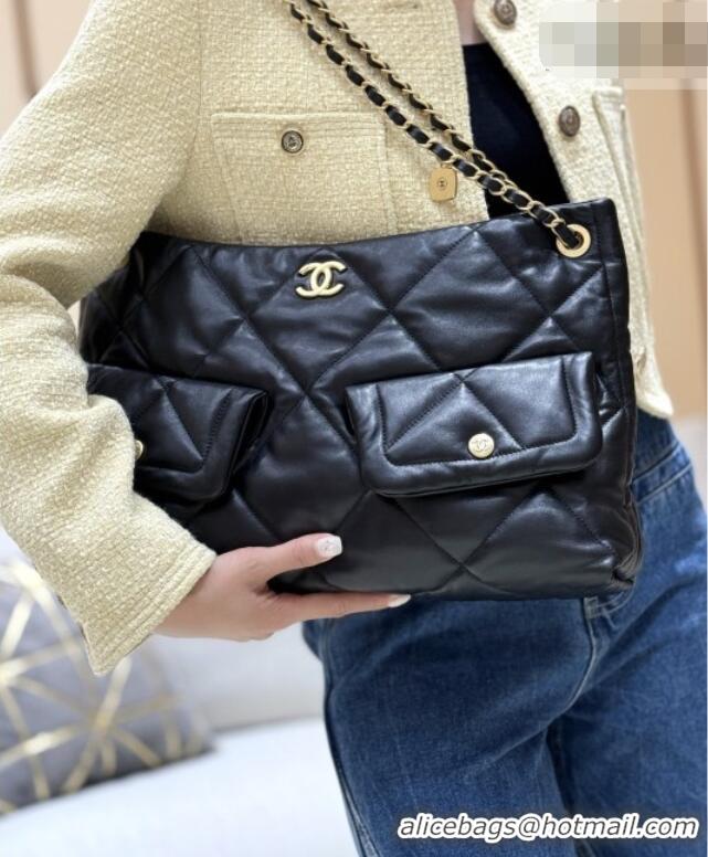 Famous Brand Chanel Shiny Lambskin Shopping Bag with Pockets Black 2025 AS5740 Top Quality