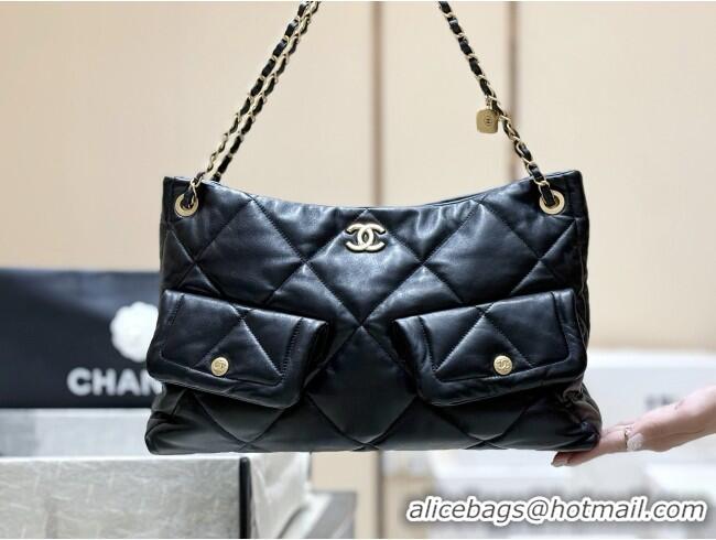 Famous Brand Chanel Shiny Lambskin Shopping Bag with Pockets Black 2025 AS5740 Top Quality