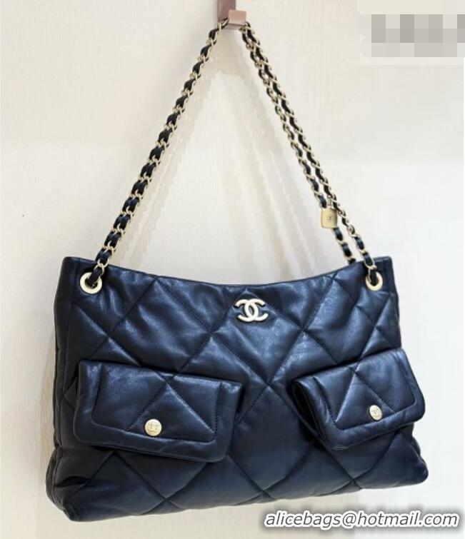 Famous Brand Chanel Shiny Lambskin Shopping Bag with Pockets Black 2025 AS5740 Top Quality