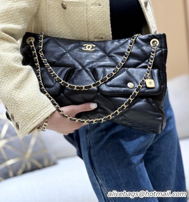 Famous Brand Chanel Shiny Lambskin Shopping Bag with Pockets Black 2025 AS5740 Top Quality
