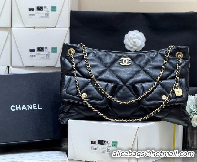 Famous Brand Chanel Shiny Lambskin Shopping Bag with Pockets Black 2025 AS5740 Top Quality