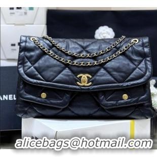 Best Price Chanel Shiny Lambskin Maxi Flap bag with Pockets Black 2025 AS5727 Top Quality